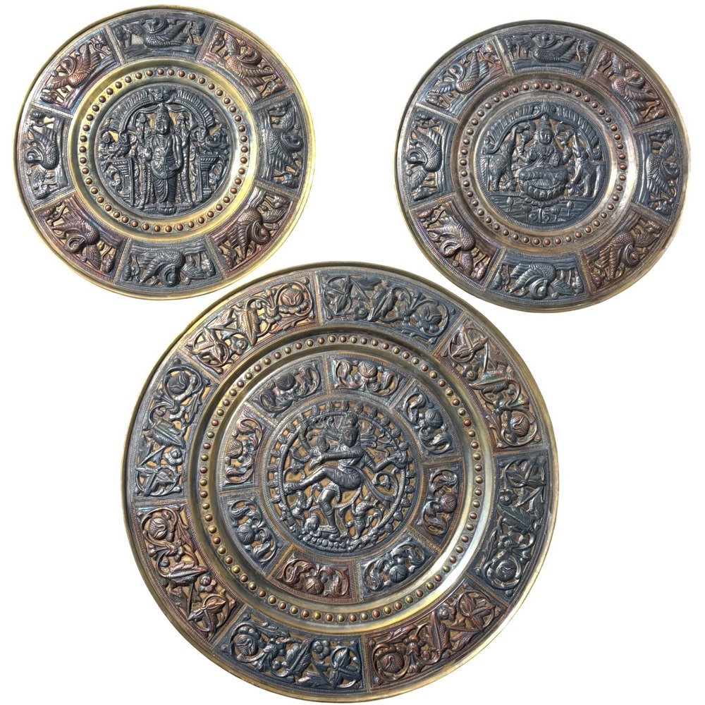 Vintage Indian‎ Brass Wall Hanging Plates Set of 3 Hindu Deities Shiva Lakshmi
